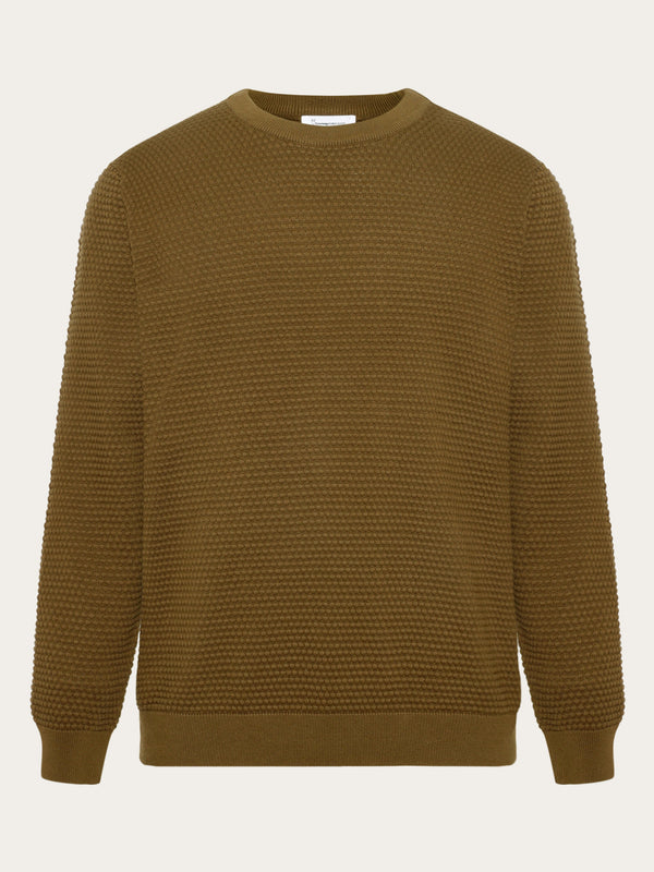 KnowledgeCotton Apparel - MEN VAGN regular bubble knit crew neck - Regenerative Organic Certified - GOTS/Vegan Knits 1100 Dark Olive