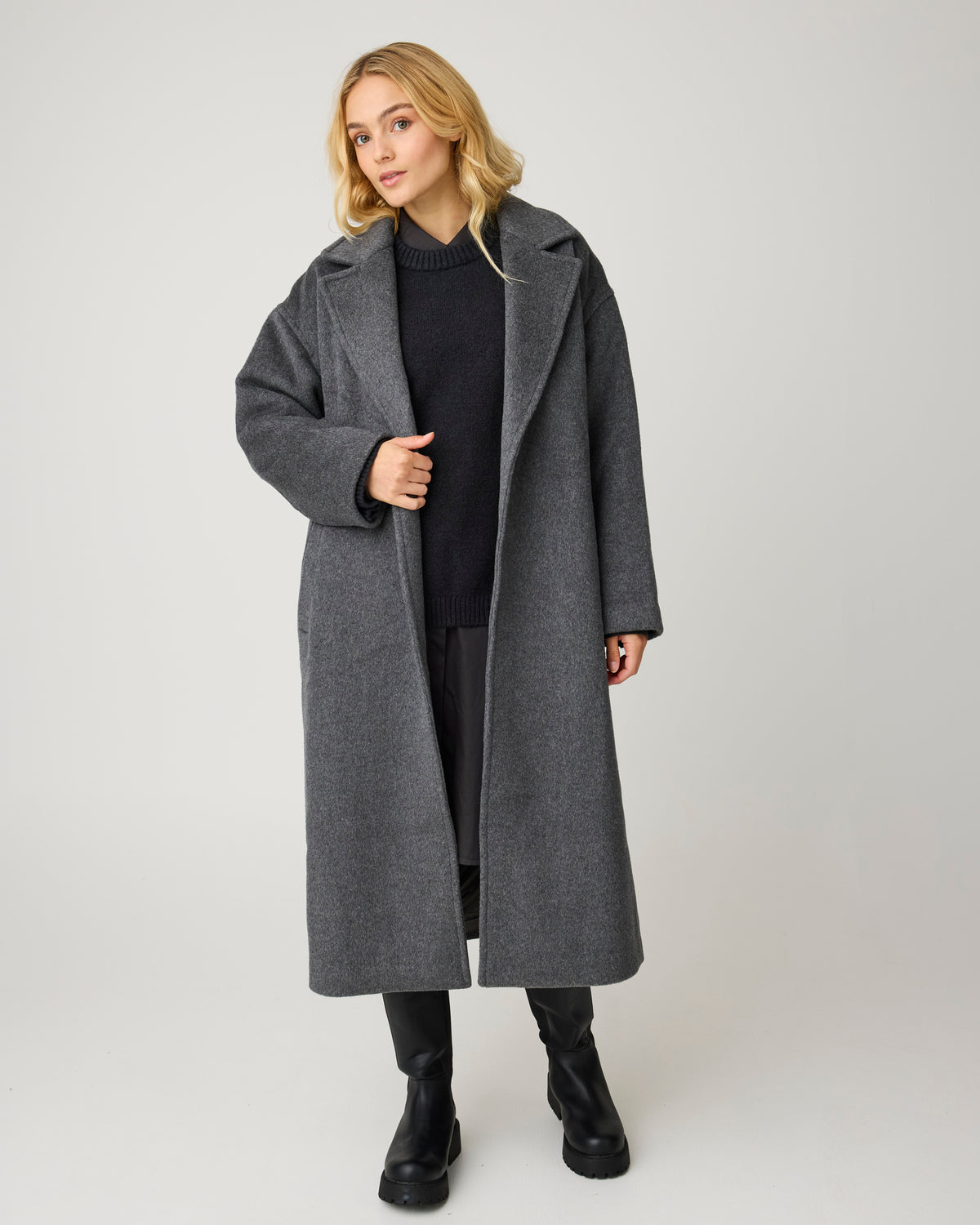 KnowledgeCotton Apparel - WMN Wool lapel coat Jackets 1073 Dark Grey Melange