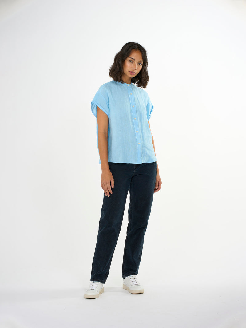 KnowledgeCotton Apparel - WMN Collar stand short sleeve linen shirt Shirts 1377 Airy Blue