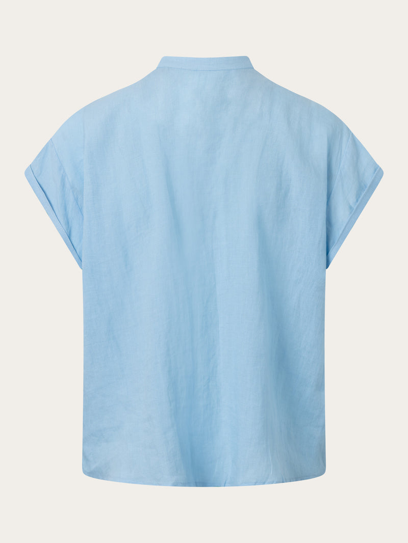 KnowledgeCotton Apparel - WMN Collar stand short sleeve linen shirt Shirts 1377 Airy Blue