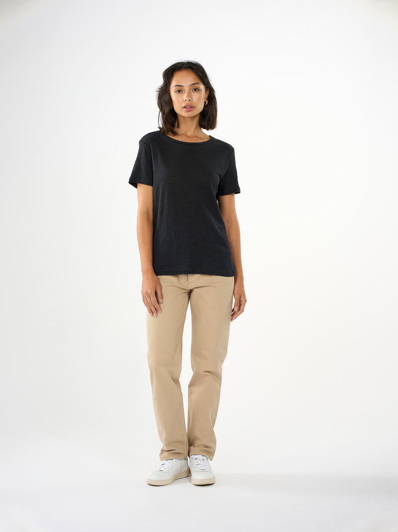 KnowledgeCotton Apparel - WMN Reg linen t-shirt T-shirts 1300 Black Jet